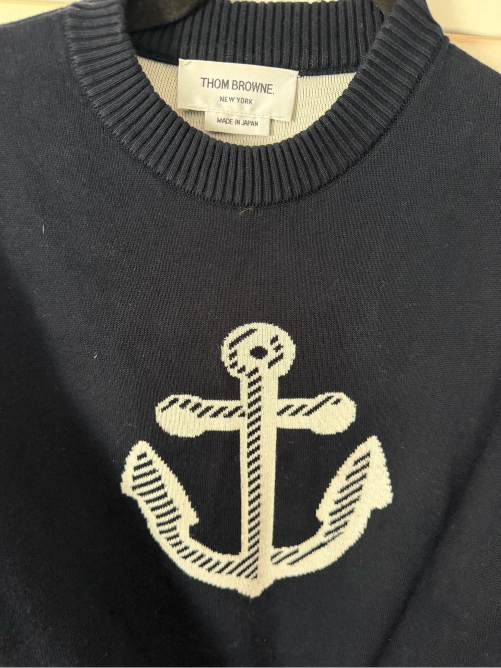 Thom Browne Navy Crewneck Sweater with White Anchor Motif